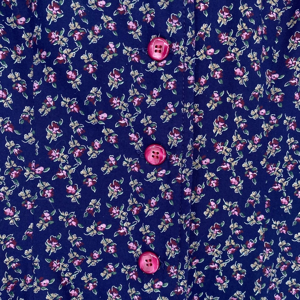 Vintage Navy Blue Pink Floral Midi Dress S Cottage Prairie Button Puff Sleeve - Picture 3 of 15